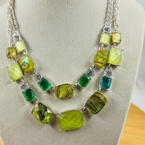 Napier Silver Tone Green Statement Necklace Faux Abalone Cat Eye Acrylic Crystal